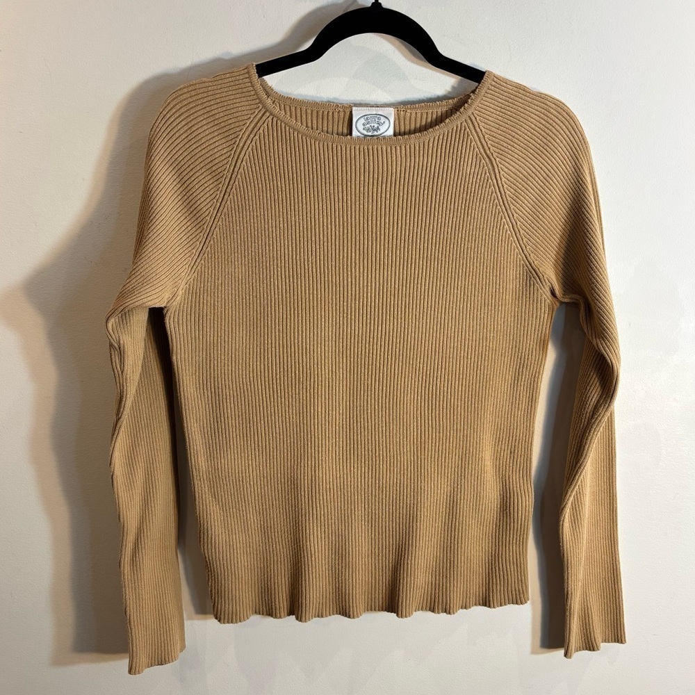 LAURA ASHLEY Sz M Ribbed Crew Neck Top 100% Cotton Ragan Sleeve Long Sleeve